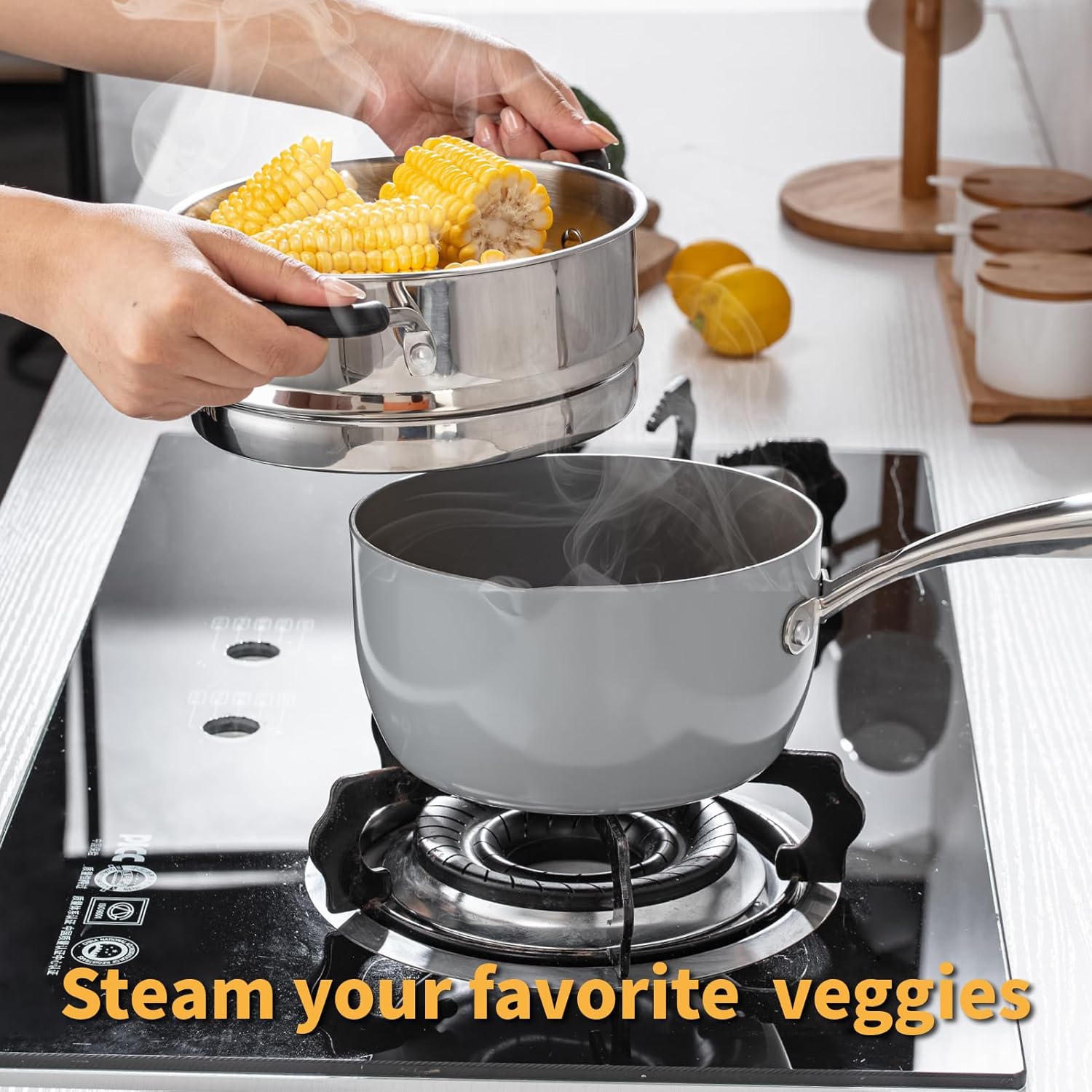 Ceramic Nonstick Tri-Ply Stainless Steel Sauce Pan with Steamer,2.5 Quart Small Multipurpose Pot with Pour Spout,Strainer Glass Lid, 2qt Saucepan for Cooking with Stay-cool Handle,Grey - Culinary Roots