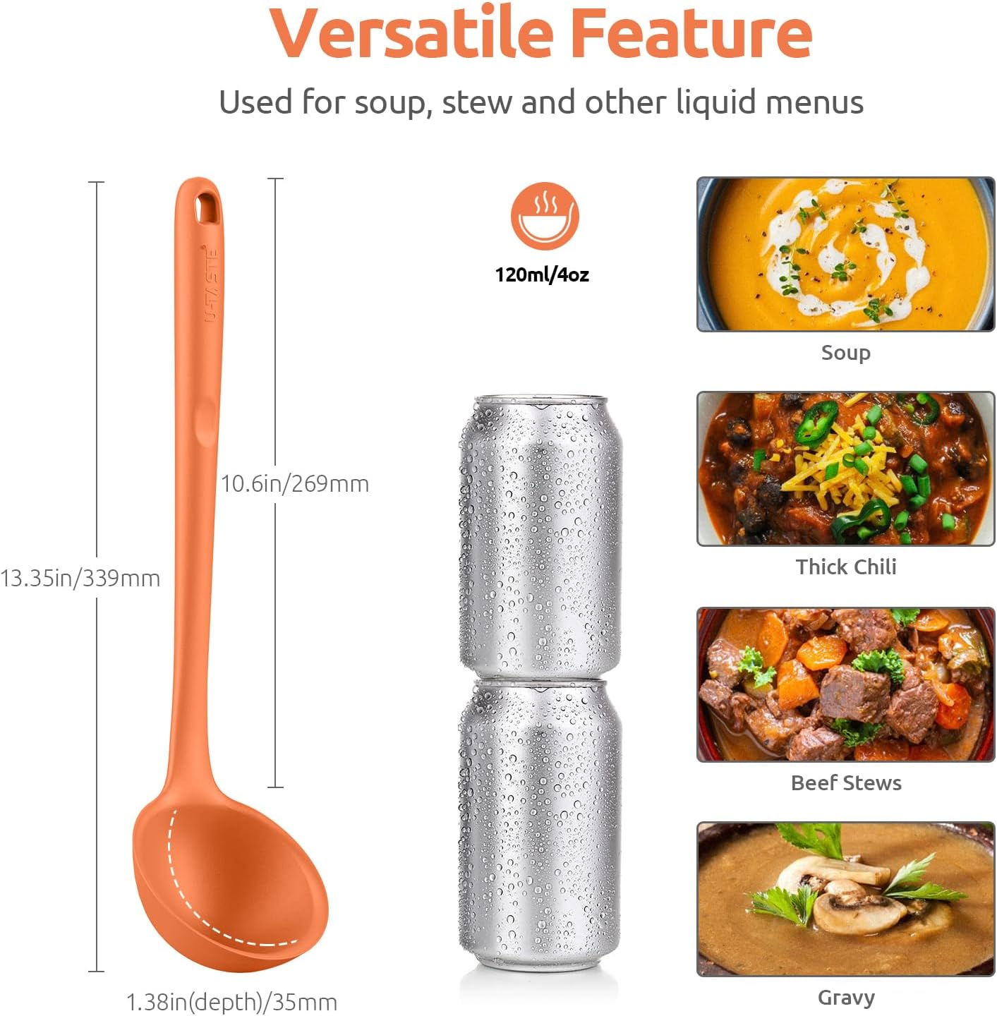 13 inch Silicone Soup Ladle: U-Taste 600ºF Heat Resistant 4 oz Large Non-stick Seamless Rubber Kitchen Deep Serving Spoon with Non-slip Solid Long Handle for Cooking Sauce/Stews/Gravies/Chili(Orange) - Culinary Roots