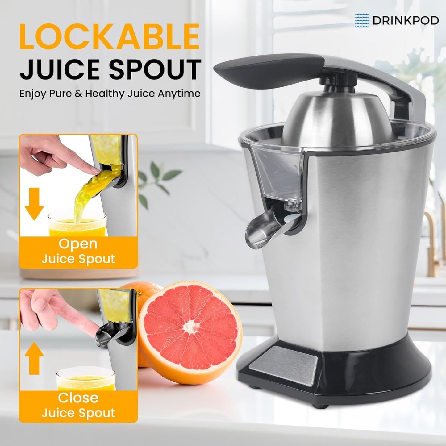 DRINKPOD Premium Electric Orange Juicer | Stainless Steel Citrus Squeezer With New Ultra-Powerful Motor and Soft Grip Handle for Effortless Juicing, Auto Shutoff, Dishwasher-safe Parts, Pulp Control - Culinary Roots