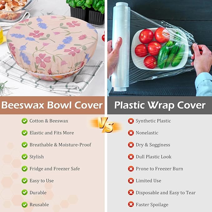 5-Size Reusable Beeswax Bowl Covers for Bread Proofing, Cotton Cloth Flexible Beeswax Wraps for Food Storage(Plant leaves)
