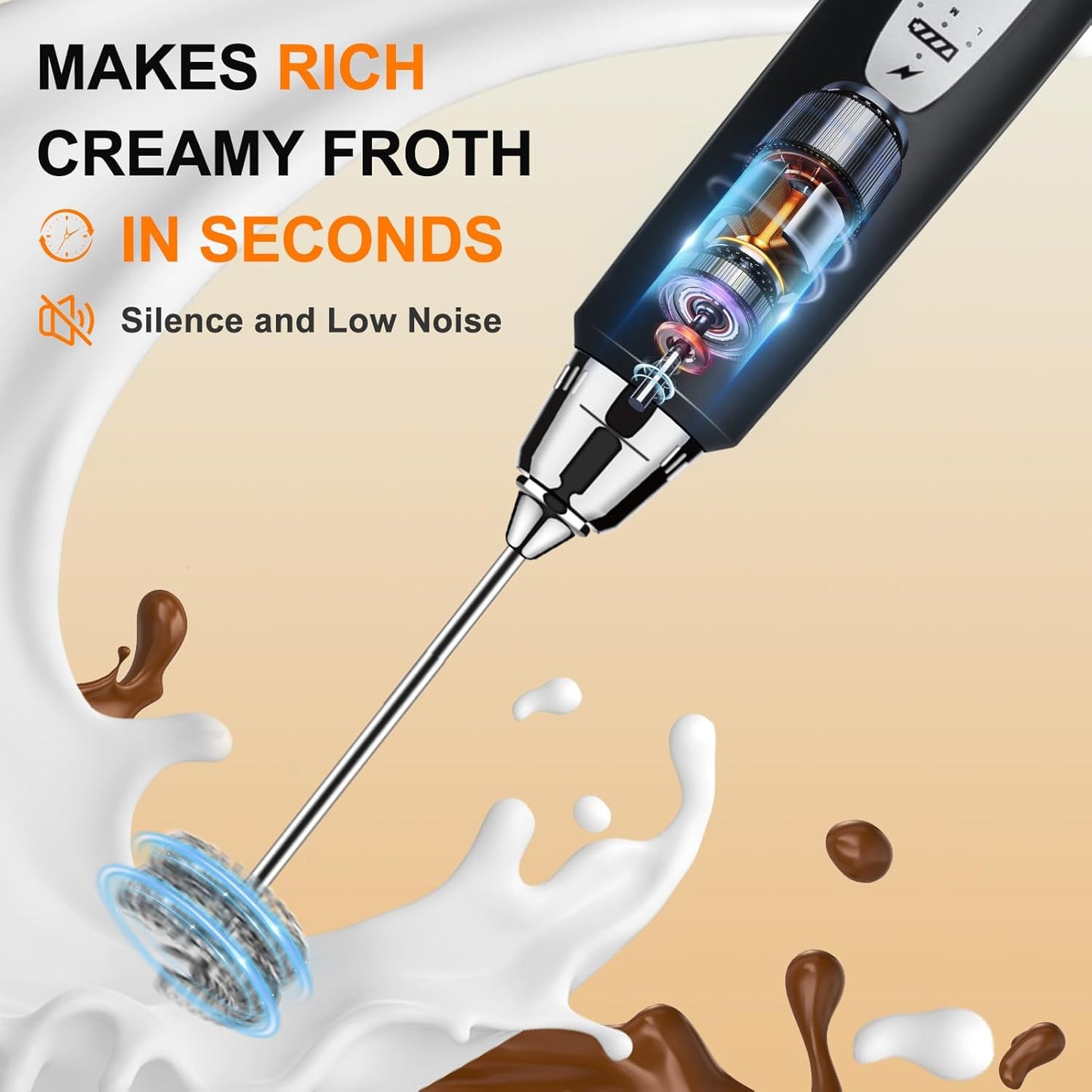 YUSWKO Black Handheld Milk Frother Wand with Stand for Coffee, Rechargeable Electric Whisk with 3 Heads 3 Speeds Drink Mixer Coffee Frother For Latte, Cappuccino, Hot Chocolate, Egg - Culinary Roots