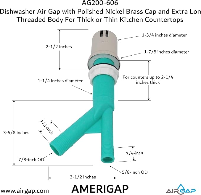 Dishwasher Air Gap with Skirted Polished Nickel Brass Cap and Extra Long Threaded Body for Thick or Thin Kitchen Countertops (AG200-606, AG200-X06, AMERIGAP)