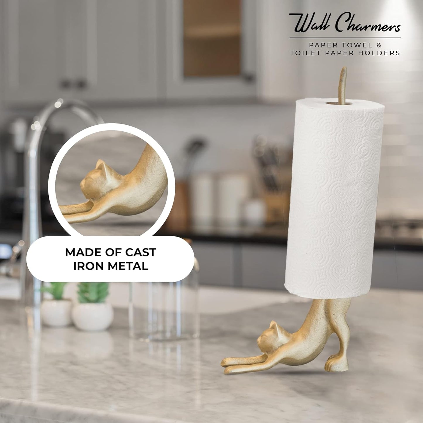 WallCharmers Gold Paper Towel Holder, Metal Toilet or Kitchen Paper Holder for Floor or Countertop, Gold Cat