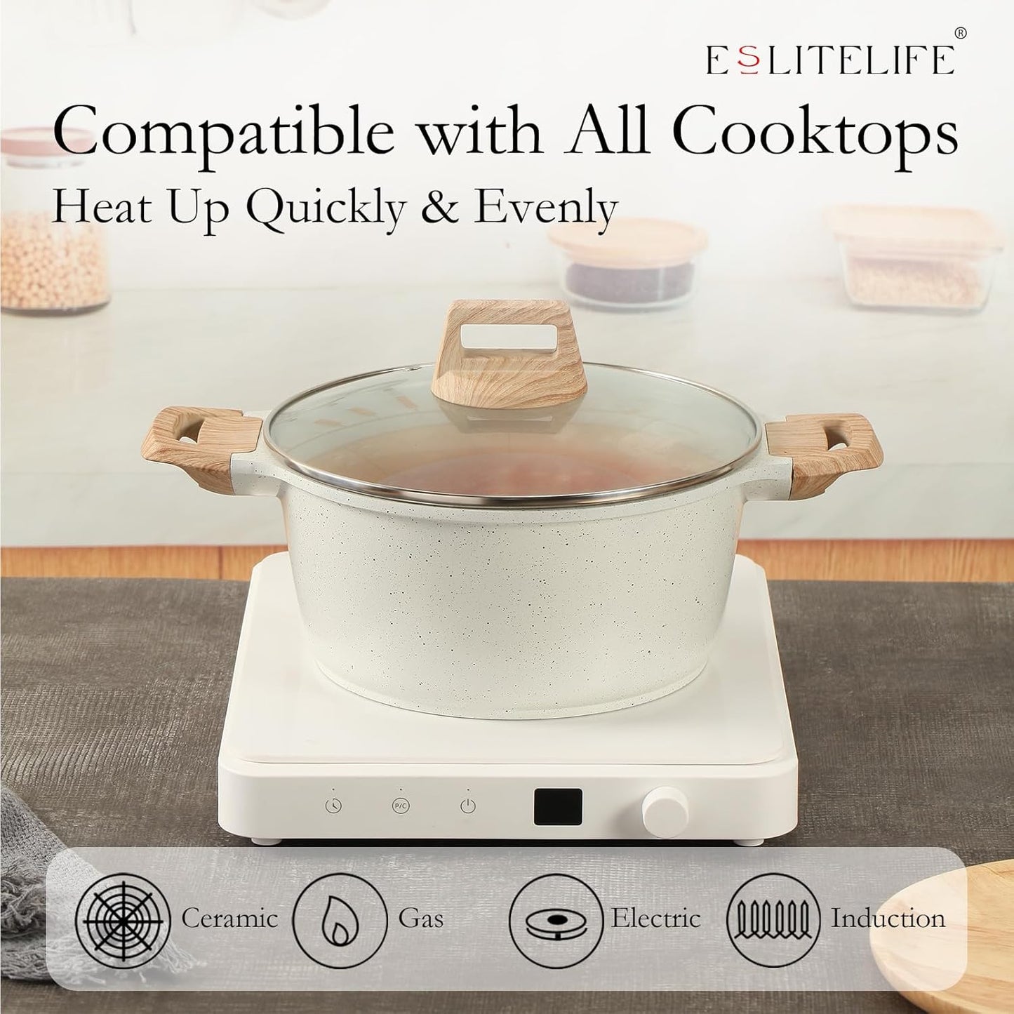 ESLITE LIFE Nonstick Stock Pot with Lid, 7 Quart Granite Casserole Large Soup Pot Pasta Cooking Pot, Induction Compatible, PTFE & PFOA Free, White - Culinary Roots