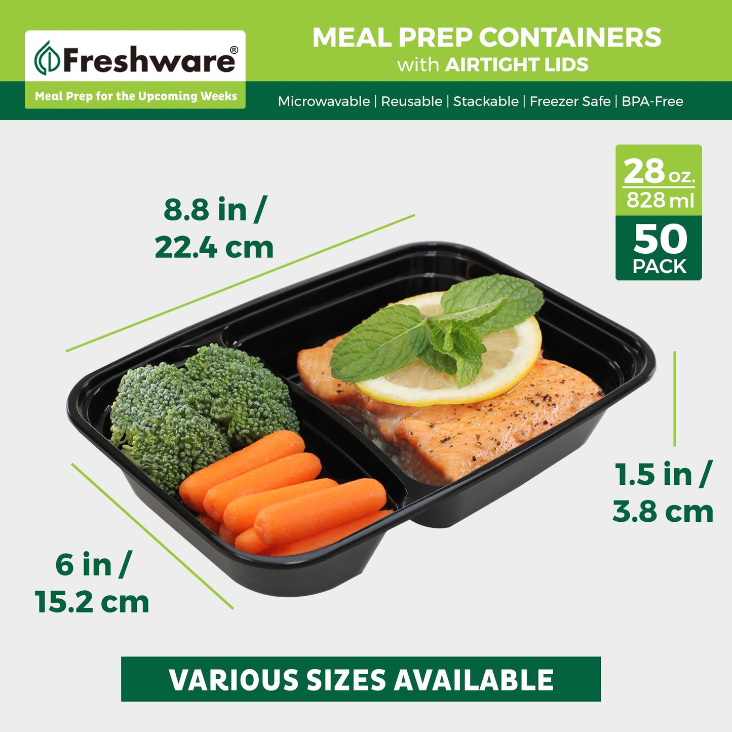 Meal Prep Containers [50 Pack] 2 Compartment with Lids (50 Count)