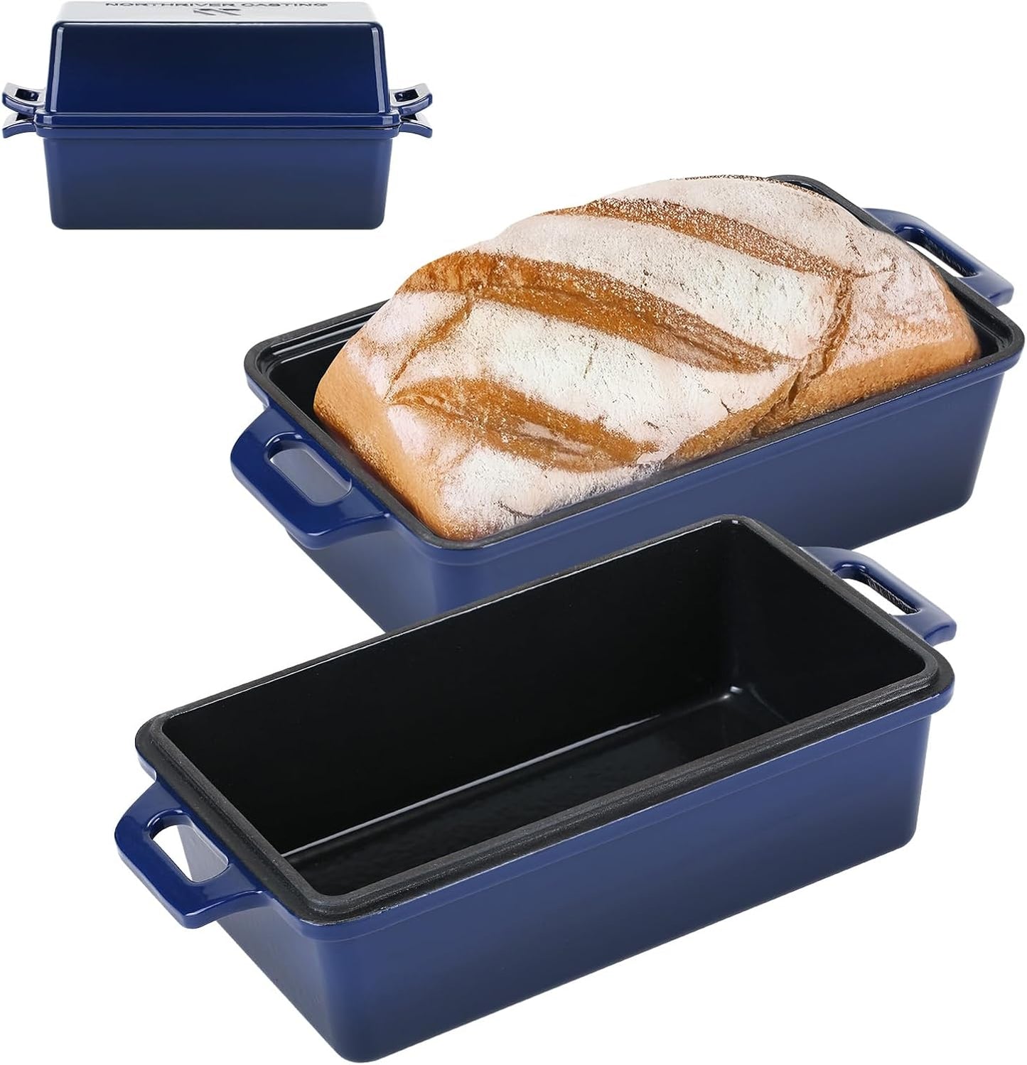 2 in 1 Enameled Cast Iron Bread Pan with Lid, Perfect Bread Oven, Loaf Pans for Baking Homemade Sourdough Bread 9x5, 2 Piece set, Navy Blue - Culinary Roots