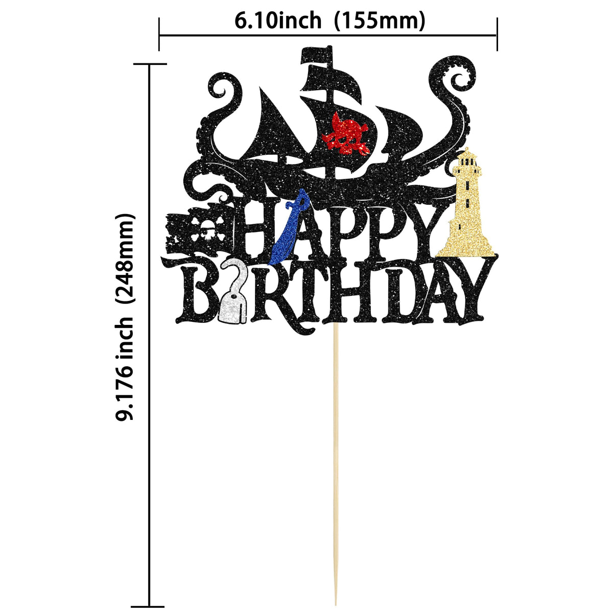 1Pcs Pirates Happy Birthday Cake Topper Pirate Ship Nautical Cake Pick for Pirates Theme Baby Shower Birthday Party Cake Decorations Supplies Gold
