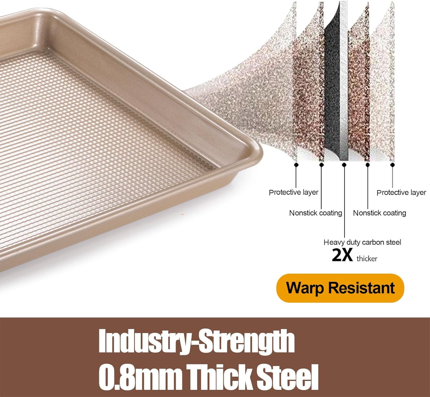 Cookie Sheets for Baking Nonstick, 2 Pack Heavy Duty 0.8mm Baking Sheet Pan Set Quarter(9x13in) & Jelly Roll(10x15in) with Diamond Texture, Gold Commercial Grade, Small Oven Safe - Culinary Roots