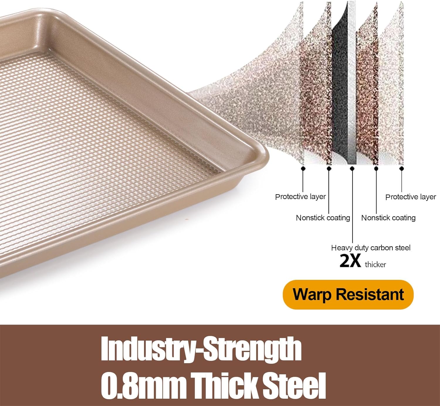 Cookie Sheets for Baking Nonstick, 2 Pack Heavy Duty 0.8mm Baking Sheet Pan Set Quarter(9x13in) & Jelly Roll(10x15in) with Diamond Texture, Gold Commercial Grade, Small Oven Safe - Culinary Roots