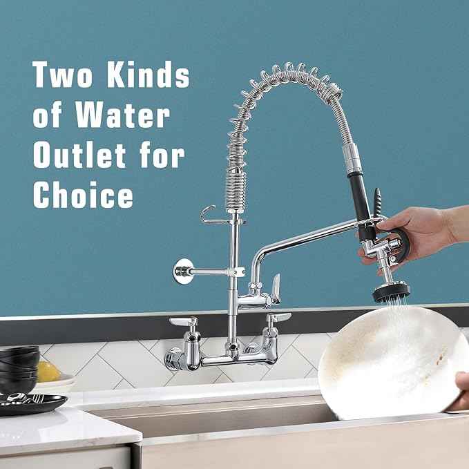 Fapully Commercial Kitchen Faucet,Wall Mount Kitchen Sink Faucet with Pre-Rinse Pull Down Sprayer,25‘’ Height 8'' Center 3 Compartment Sink Faucets with 12.2'' Swing Spout Chrome