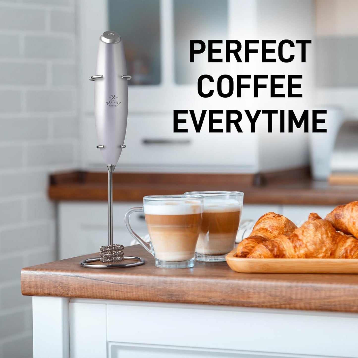 Zulay Kitchen Tornado Whisk Milk Frother with 4 AA Duracell Batteries - Triple Whisk for More Power - Handheld Coffee Frother with Stand - Drink Mixer for Lattes, Matcha & Protein Shakes - Culinary Roots