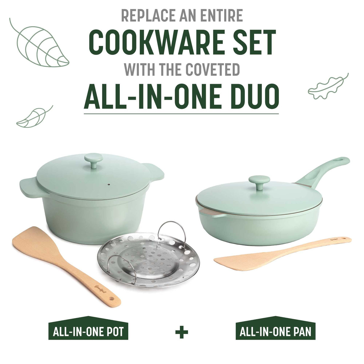 All-in-One Pan, Multilayer Nonstick Cookware Set, High-Performance Construction, Multipurpose Design Replaces Multiple Pots and Pans, Dishwasher Safe, 11-Inch, 4.4-Quart Capacity, Sage Green