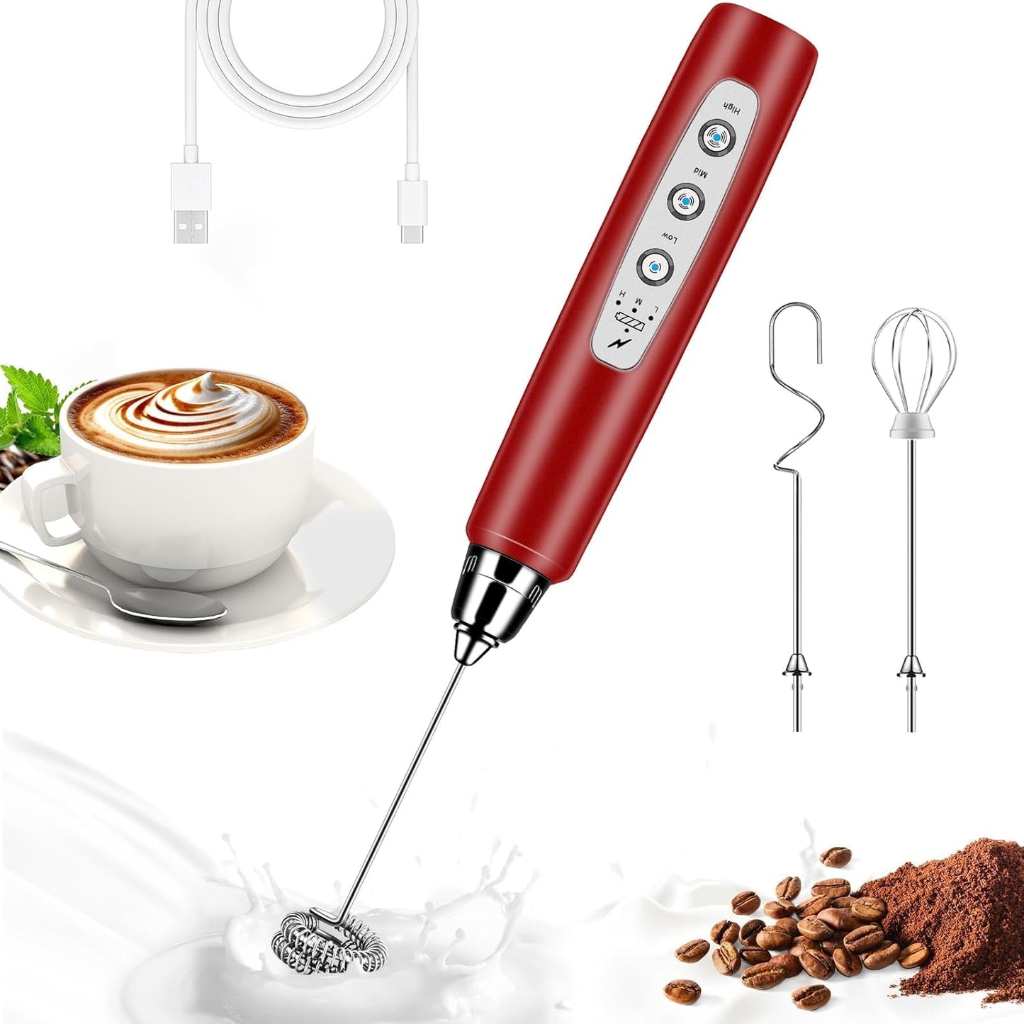 Milk Frother Handheld for Coffee, Electric Whisk 3 Speed Adjustable, Drink Mixer with Stainless 3 Whisks, Rechargeable Hand Frother Wand, Foam Maker for Latte Cappuccino Hot Chocolate Egg Red - Culinary Roots