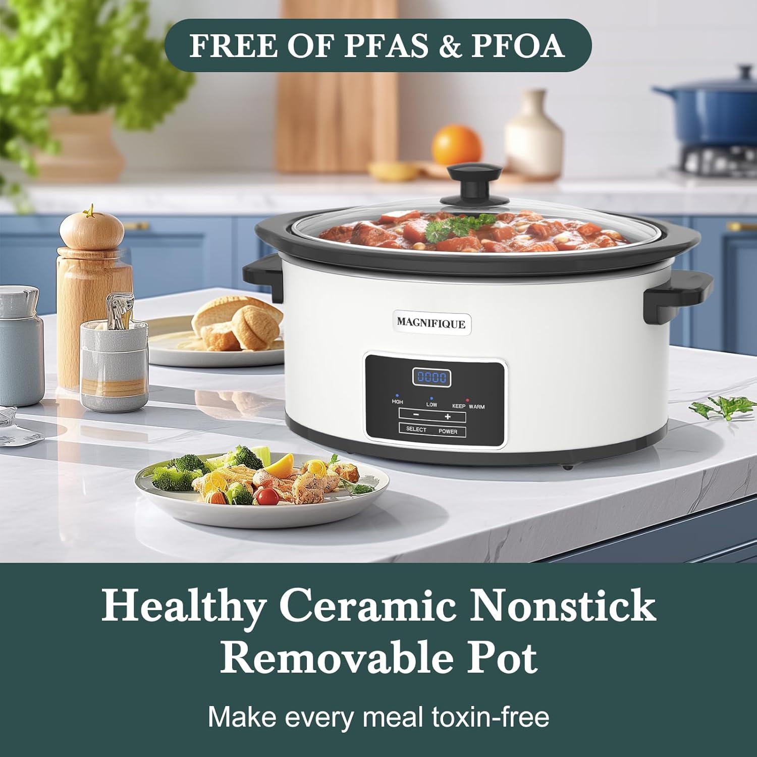 7-Quart Programmable Slow Cooker with Timer Keep Warm - Small Kitchen Appliance for Family Dinners - Serves 6+ People - Heat Settings: Keep Warm(White, Black Liner) - Culinary Roots