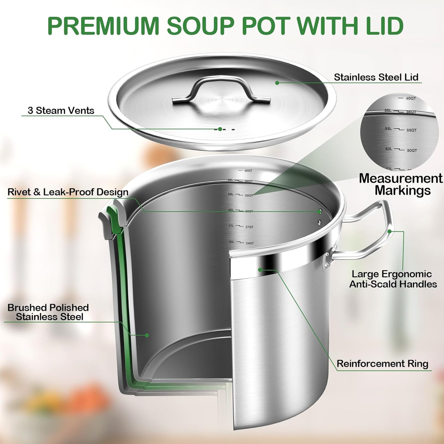 Large Soup Pot with Lid - 40 Quart Stainless Steel Stockpots, Cooking Pots, Stock Pot with Lid, Big Pots for Cooking, Heavy Duty, Induction & Oven Safe - Culinary Roots