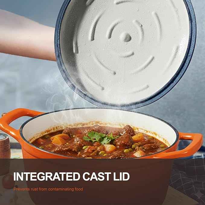 Overmont Enameled Cast Iron Dutch Oven - 5.5QT Pot with Lid Cookbook & Cotton Potholders - Heavy-Duty Cookware for Braising, Stews, Roasting, Bread Baking Orange