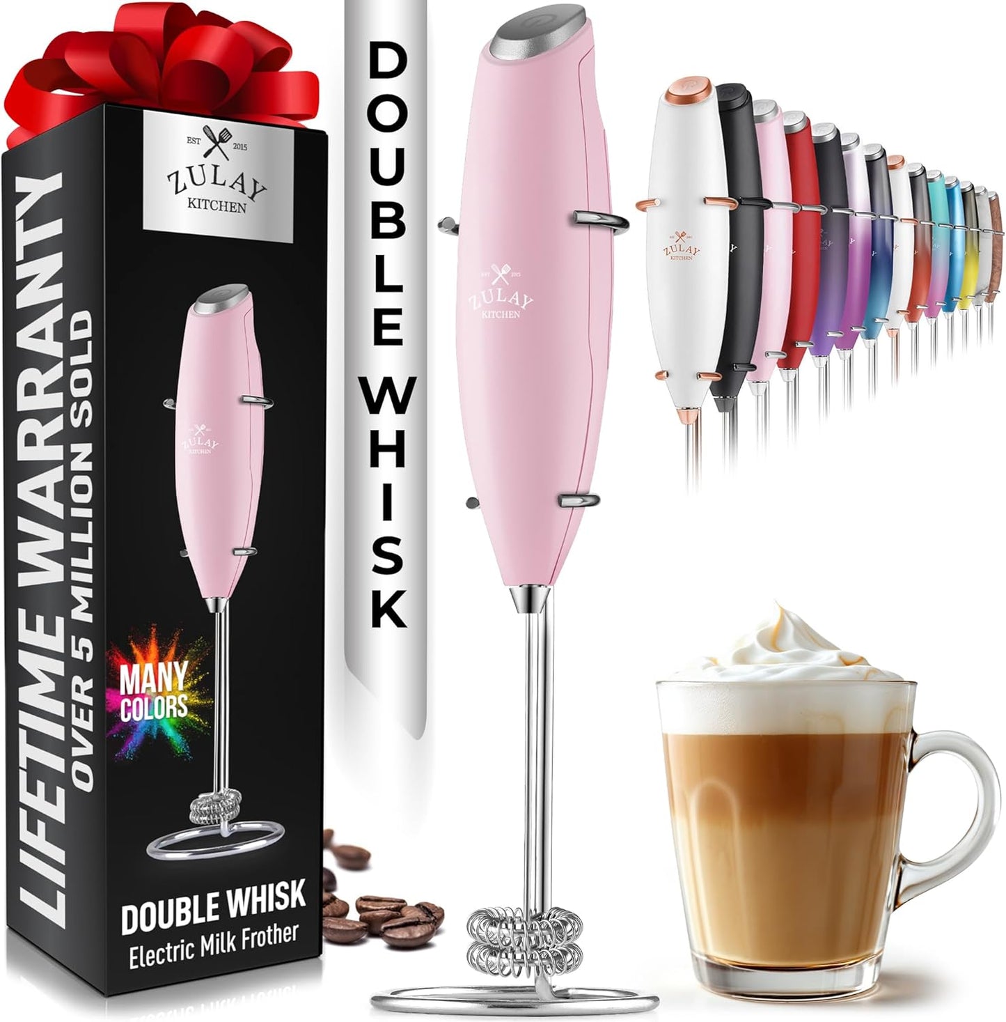 Zulay Kitchen Powerful Double Whisk Milk Frother Handheld - Foam Maker With Stand - Whisk Drink Mixer for Coffee, Mini Foamer for Latte, Matcha, Frappe, Hot Chocolate & Cappuccino - Pink - Culinary Roots