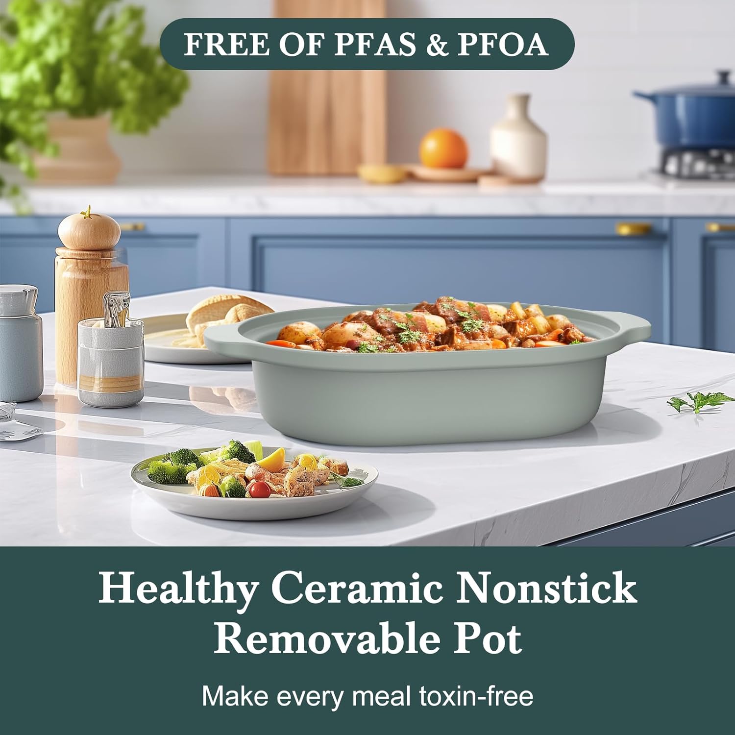 4 Quart Programmable Slow Cooker with Flexible Easy Programming, 8-in-1 Multi-Cooker with Dishwasher Safe Lid & Removable Crock Pot & Wooden Spoon, Nonstick, Oven Safe Pot to 500°F, Olive - Culinary Roots