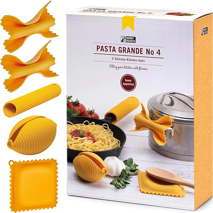 Monkey Business Silicone Kitchen Tools in Gift Box/ 4 Big Pasta Shaped Kitchen Gadgets/Farfalloni Pot Grips, Ravioli Spoon Rest, Conchiglie Lemon Squeezer and Penne Pan Grip/Pasta Grande No. 4