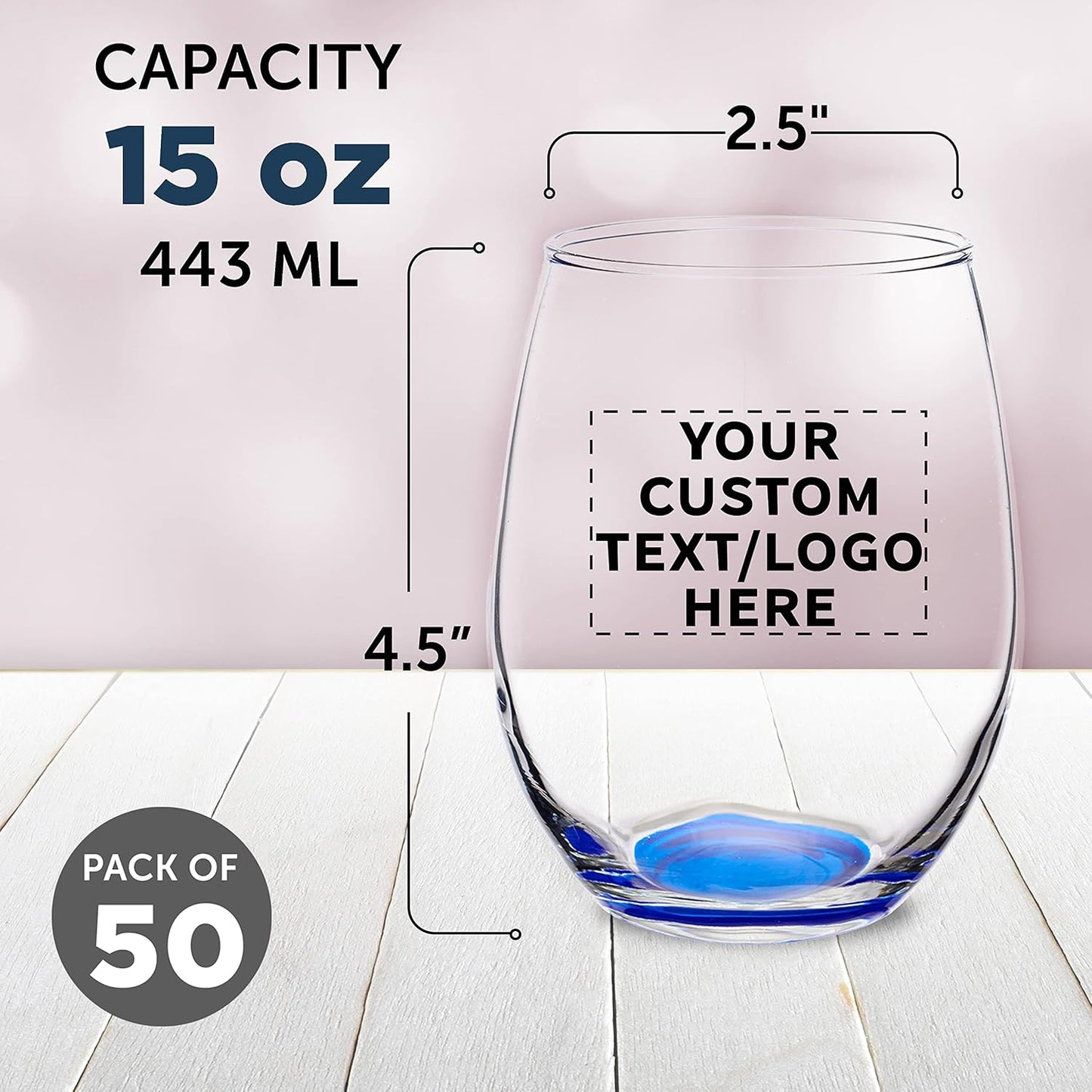 Custom Stemless Wine Glasses in Bulk by ARC Perfection, 15 oz, 50 pack, Personalized Text, Logo, Red or White Wine Glass Set, Blue