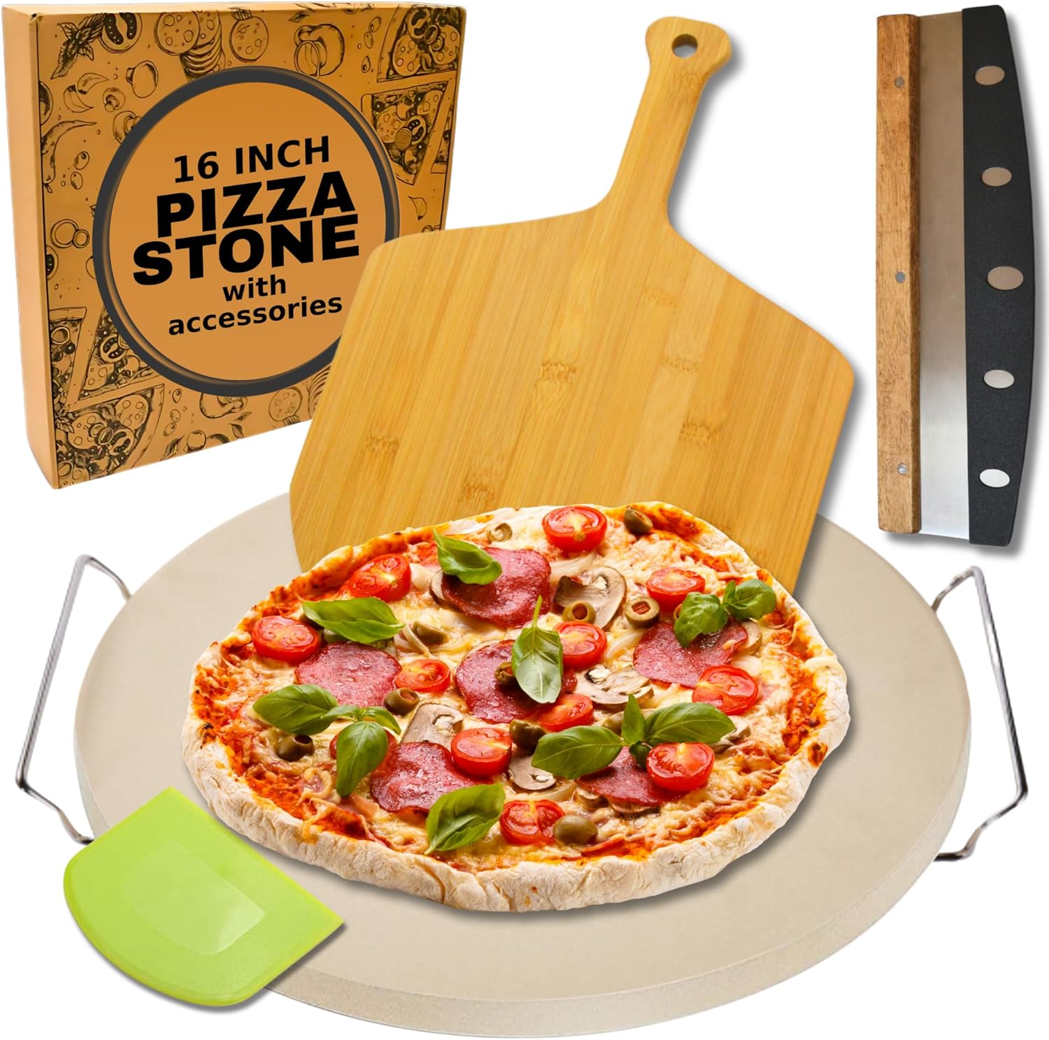 Large Pizza Stone for Oven 16 inch - Round Pizza Stone for Grill with Handles, Wood Pizza Peel and Cutter Set - Baking Stone for Bread - Pizza Making Kit Accessories - Gifts for Food Lovers - Culinary Roots