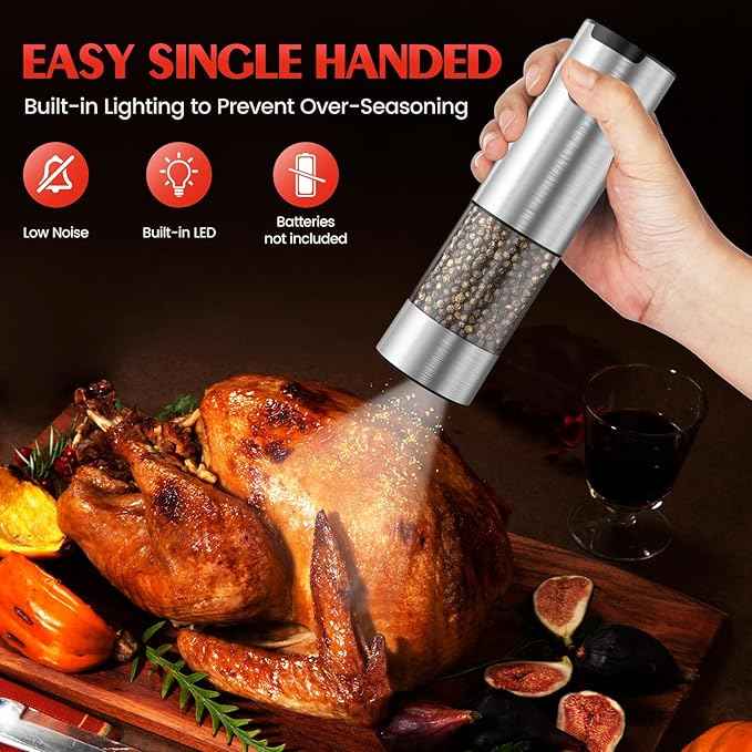 Salt and Pepper Grinder Set- Automatic Battery Pepper Mill Shakers Gifts for Men Dad, Adjustable Coarseness Upgraded Larger Capacity with Led Kitchen Essentials for New Home Housewarming