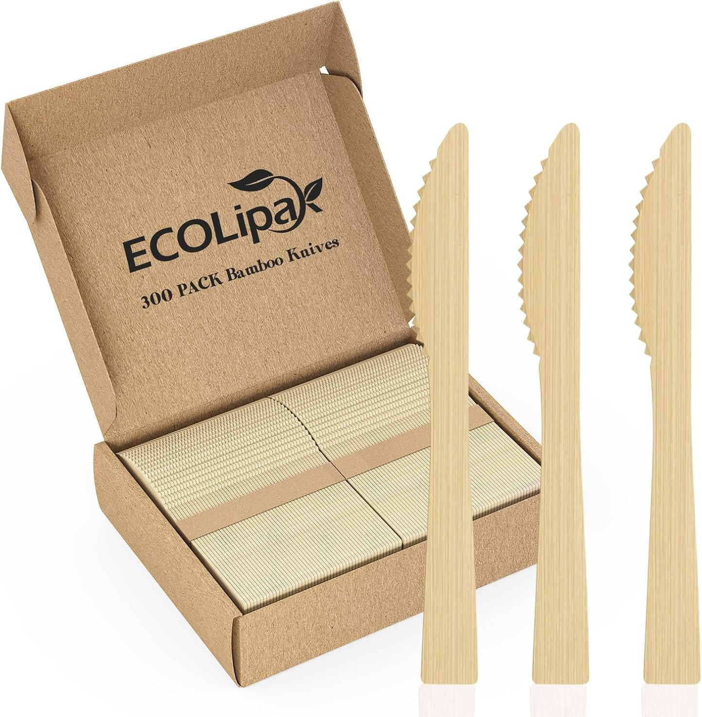 ECOLipak 300 Count Disposable Bamboo Knives, 6.7 Inch Bamboo Compostable Disposable Knives for Party, Wedding, Camping, Traveling, Family Dinners, Large Events