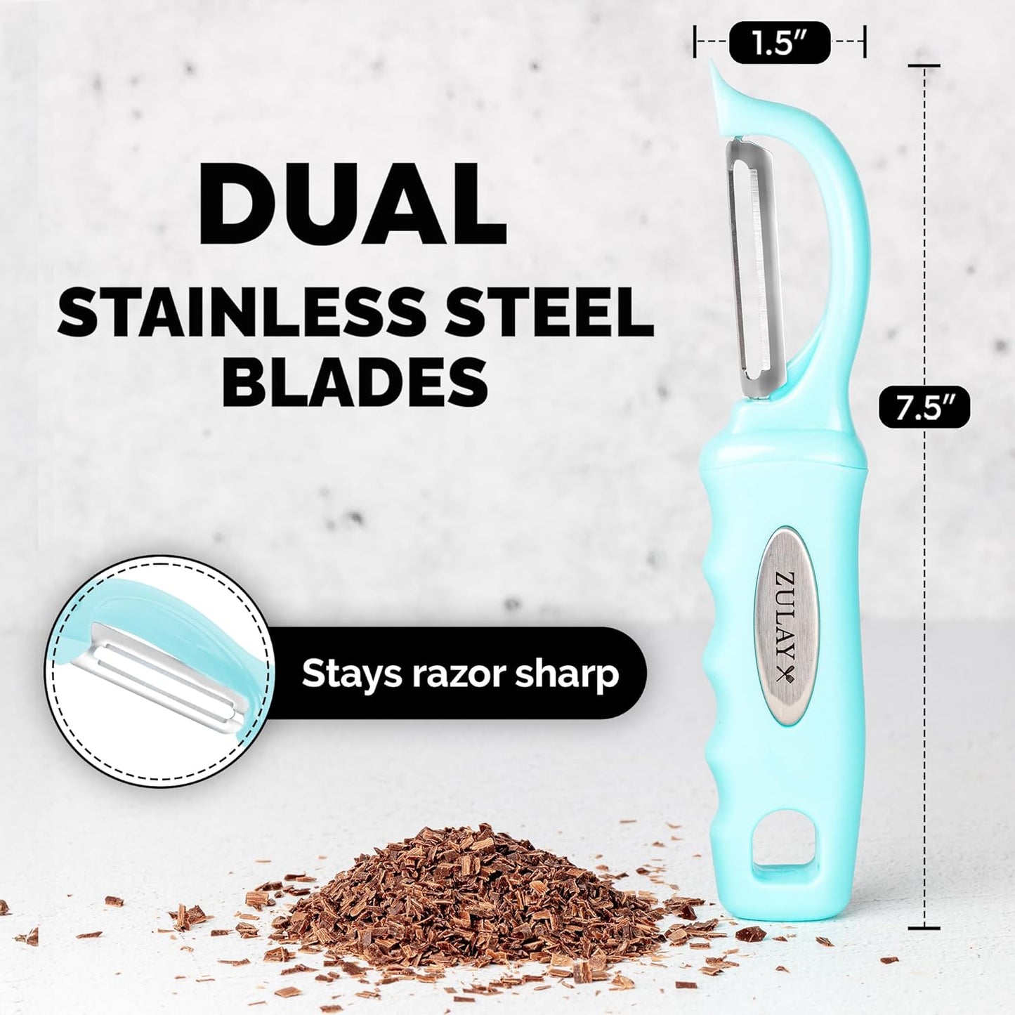 Zulay Kitchen Premium Vegetable Peeler for Kitchen - Swivel Peeler with Razor Sharp Stainless Steel Blades & Strong Ergonomic Handle - Dishwasher Safe, Easy To Use with Blemish Remover - Light Blue - Culinary Roots