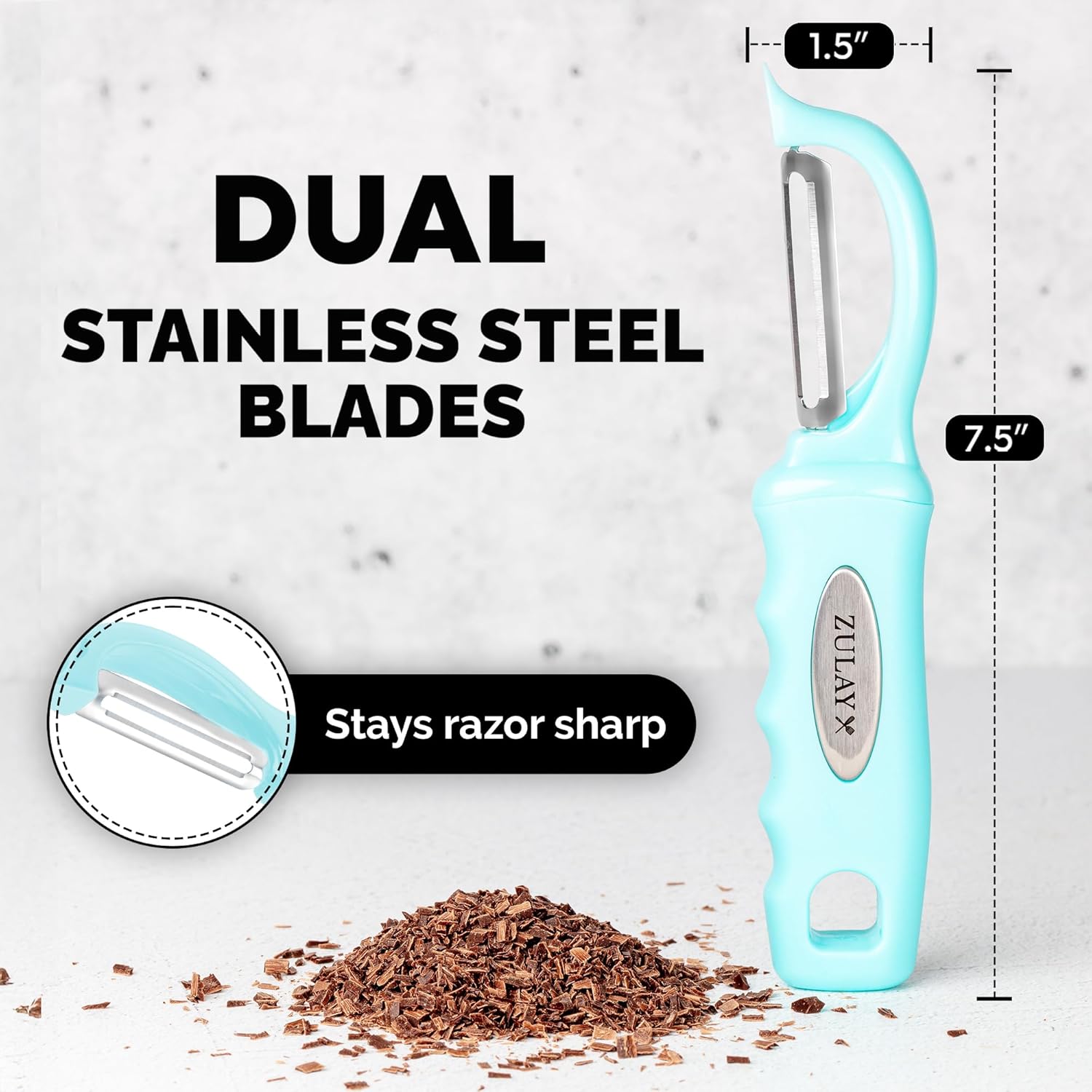 Zulay Kitchen Premium Vegetable Peeler for Kitchen - Swivel Peeler with Razor Sharp Stainless Steel Blades & Strong Ergonomic Handle - Dishwasher Safe, Easy To Use with Blemish Remover - Light Blue - Culinary Roots