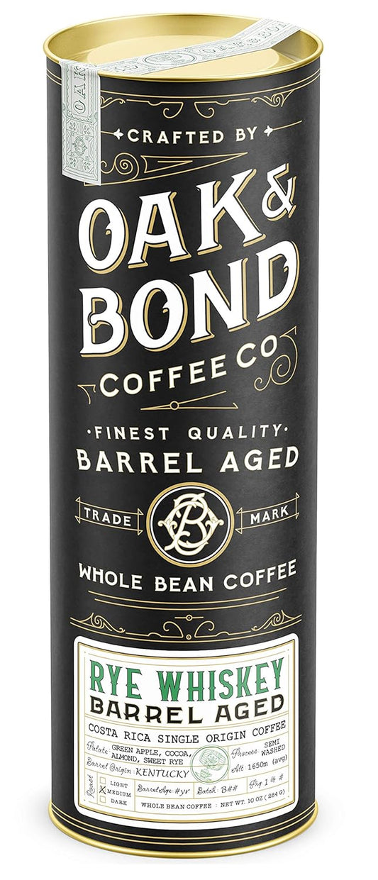 Rye Whiskey Barrel Aged Coffee, Costa Rica Single Origin Small Family Farm Whole Coffee Bean, Medium Roast w/Flavor Notes of Cocoa, Almond, Sweet Rye, Green Apple by Oak & Bond Coffee Co. – 10oz.