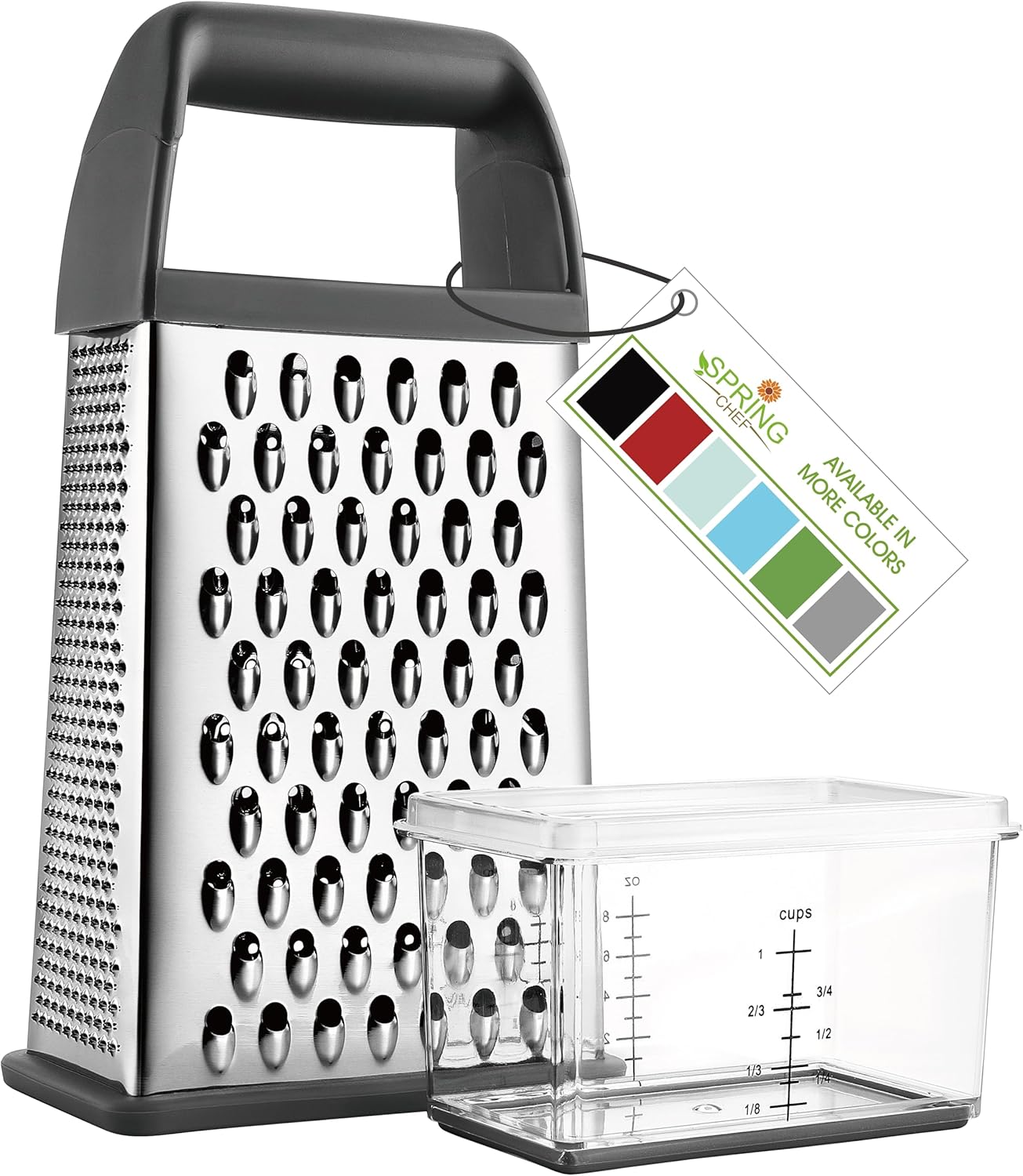 Spring Chef Professional Gray 10" Parmesan Cheese Grater With Container, Stainless Steel & Soft Grip Handle, 4 Sided Kitchen Carrot Shredder, Handheld Box Grater for Potato, Veggie, Ginger, Hashbrown - Culinary Roots