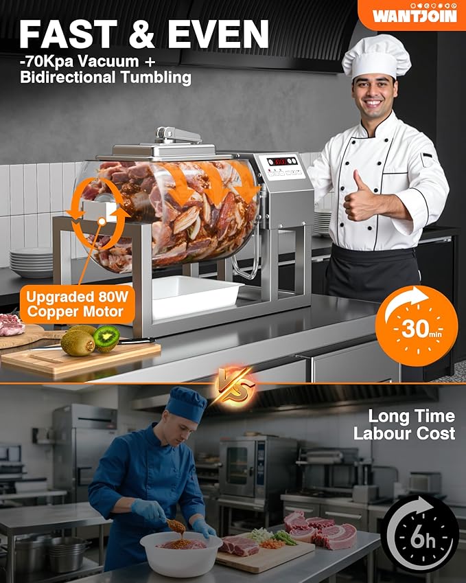 WantJoin Vacuum Tumbler Marinator - Max.20LBS Commercial Meat Tumbler Marinator 20L 30Min Fast Marinating,80W Copper Motor, Bidirectional Rotation,3 Speeds, Meat Tumbler for Catering Kitchen