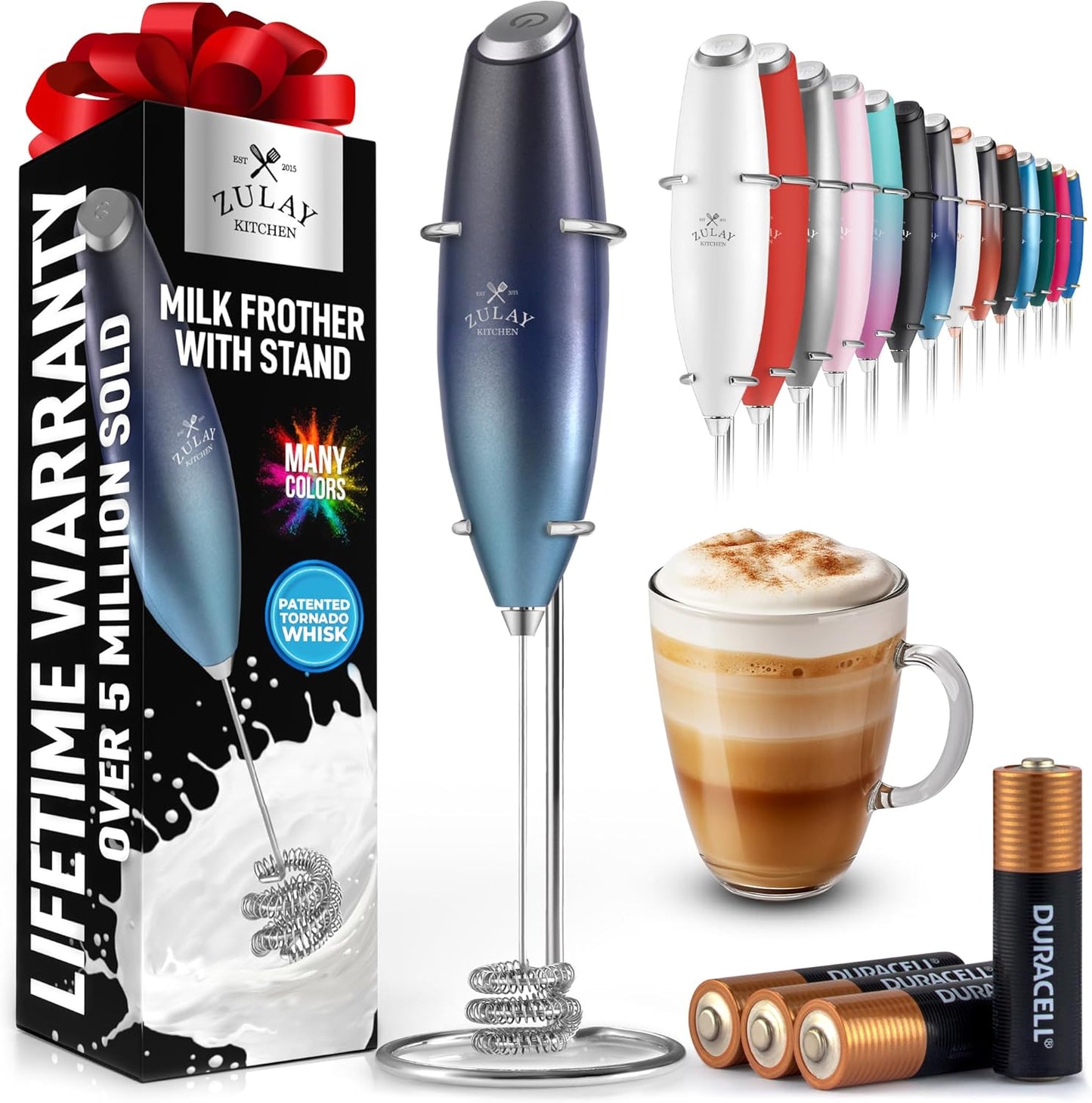 Zulay Kitchen Patented Tornado Triple Whisk Milk Frother with 4 Duracell Batteries – Handheld Foam Maker for Coffee, Lattes, Matcha & Hot Chocolate – Rich, Creamy Froth in Seconds - Culinary Roots
