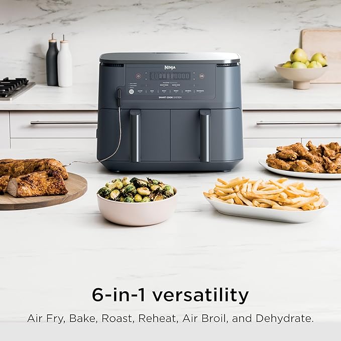 Ninja Air Fryer, Thermometer, Roast, Bake, Air Fry, Crisps, Broil, Reheats, Keep Warm, 10-in-1, Fries, Frozen Food, Veggies, and Meat, Quick Meals, Healthy Meals, Less Oil, 10 QT, GREY, DZ550GY