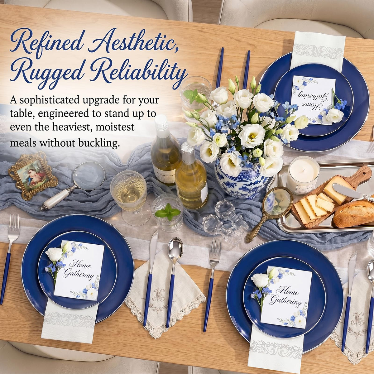 175Pcs Blue Plastic Plates with Silver Rim & Disposable Silverware with Blue Handle & Silver