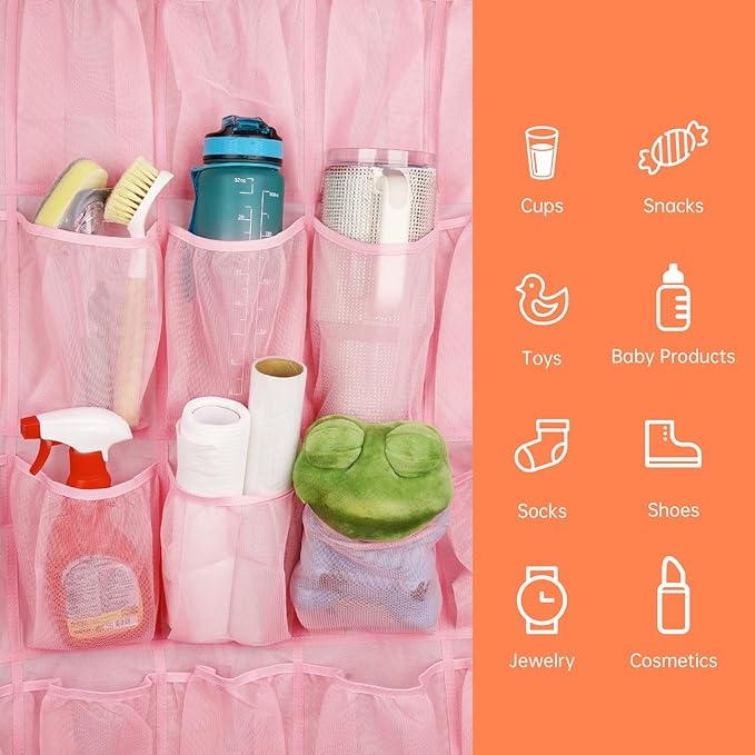 NiHome Multi-Functional 35 Pockets Door Hanging Organizer for Stanley Tumbler in Kitchen, Pantry, Bathroom, Large Capacity Elastic Mesh Secure Storage Water Bottle Cup Holder, Foldable for Home (Pink)