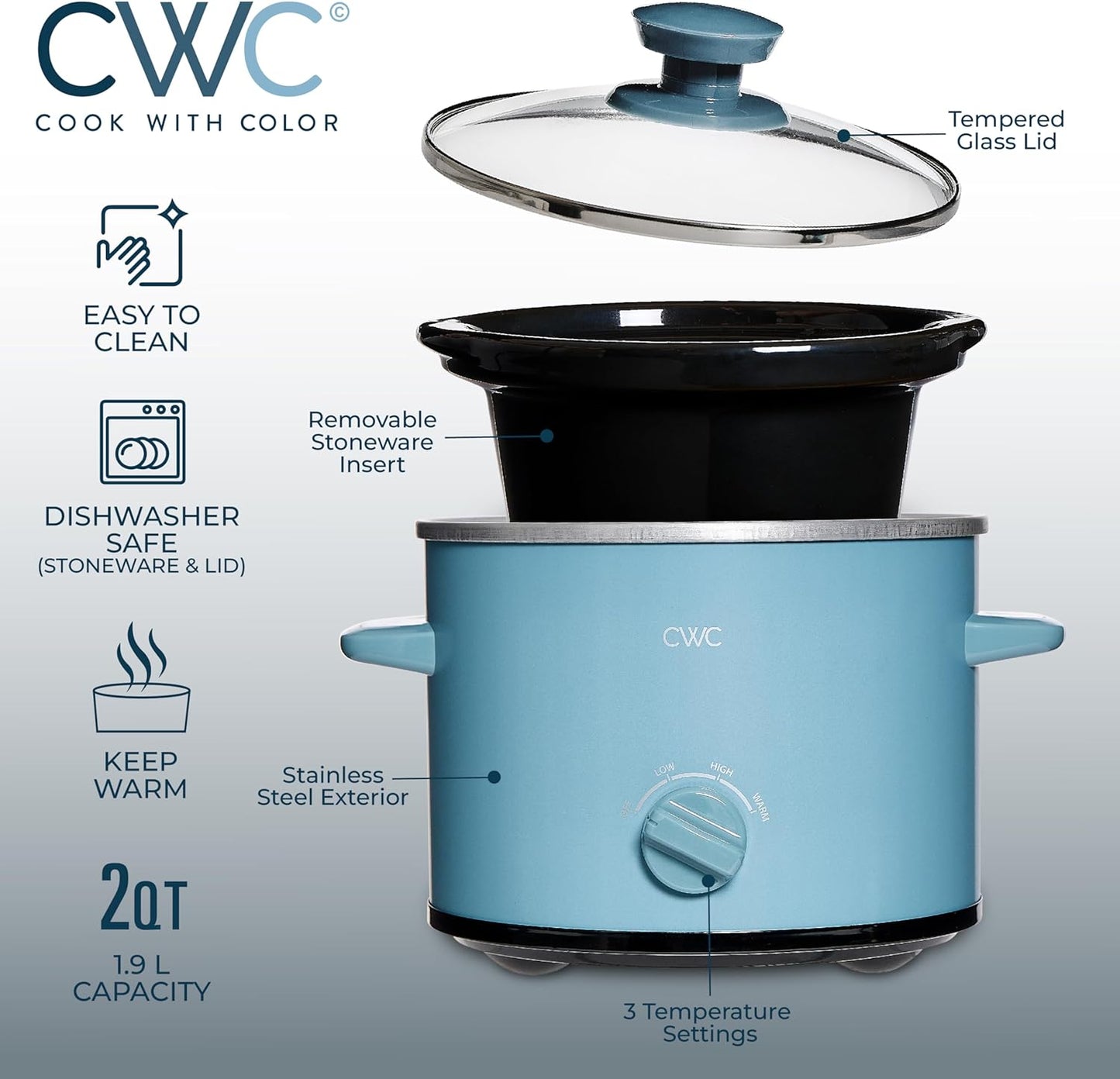 COOK WITH COLOR 2QT Mini Electric Round Slow Cooker - Adjustable Settings, Removable Stoneware Pot, Tempered Glass Lid, Dishwasher Safe, Cool-Touch Side Handles, Slate Blue - Culinary Roots