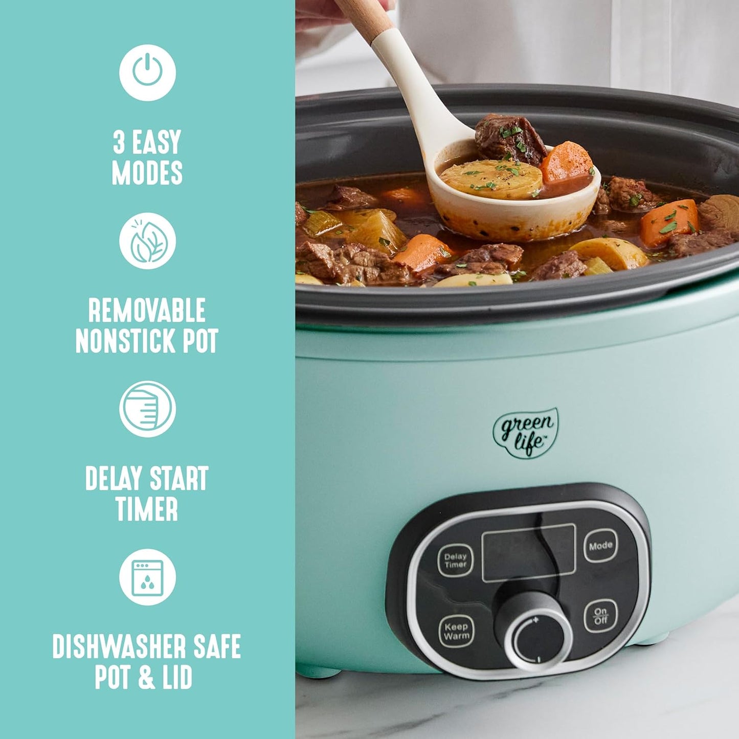 GreenLife 6 Quart Ceramic Slow Cooker, PFAS-Free, Programmable, Removable Healthy Nonstick Pot for Family Meals, Sear on Stovetop, Keep Warm, Digital Timer, Dishwasher Safe Glass Lid, Turquoise - Culinary Roots