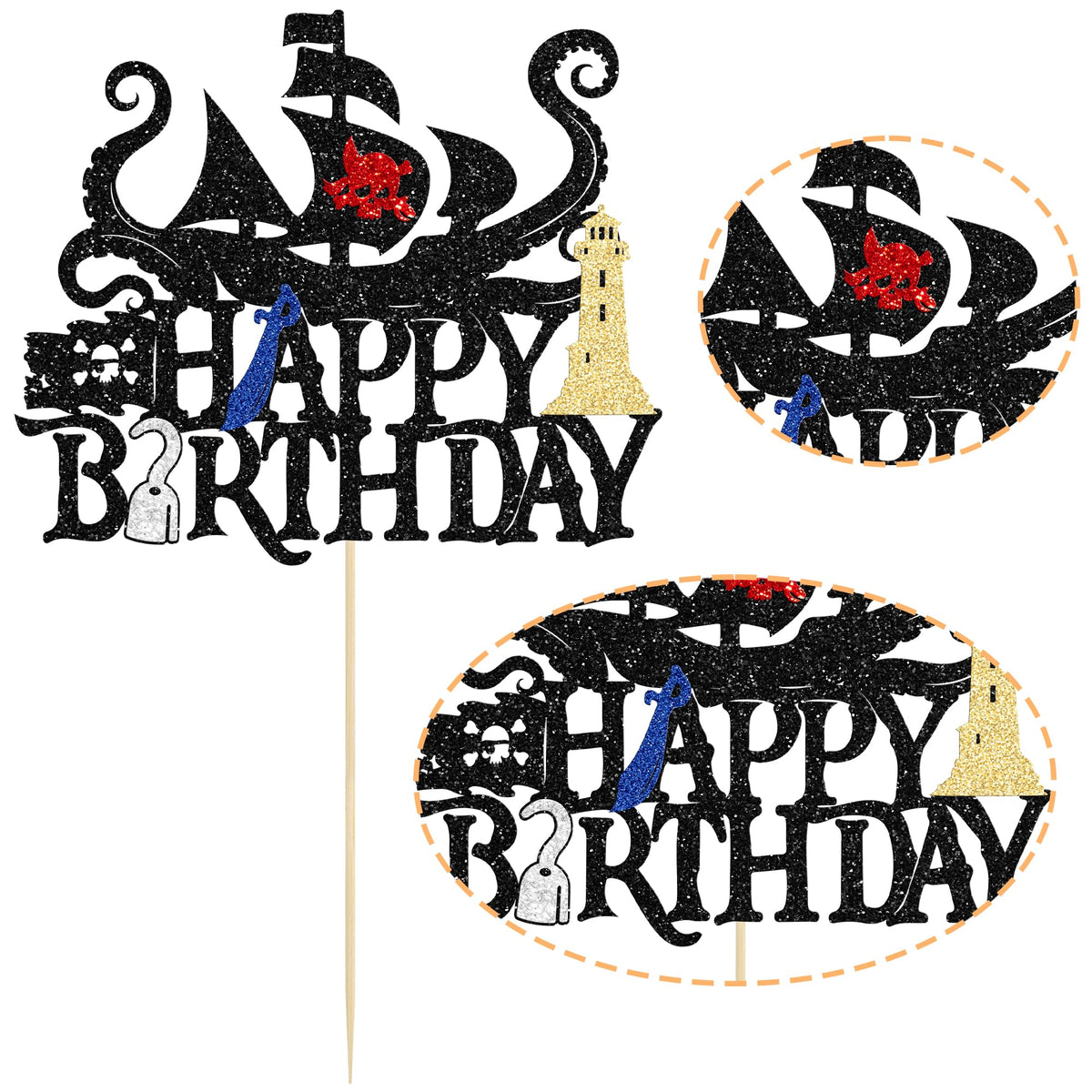 1Pcs Pirates Happy Birthday Cake Topper Pirate Ship Nautical Cake Pick for Pirates Theme Baby Shower Birthday Party Cake Decorations Supplies Gold