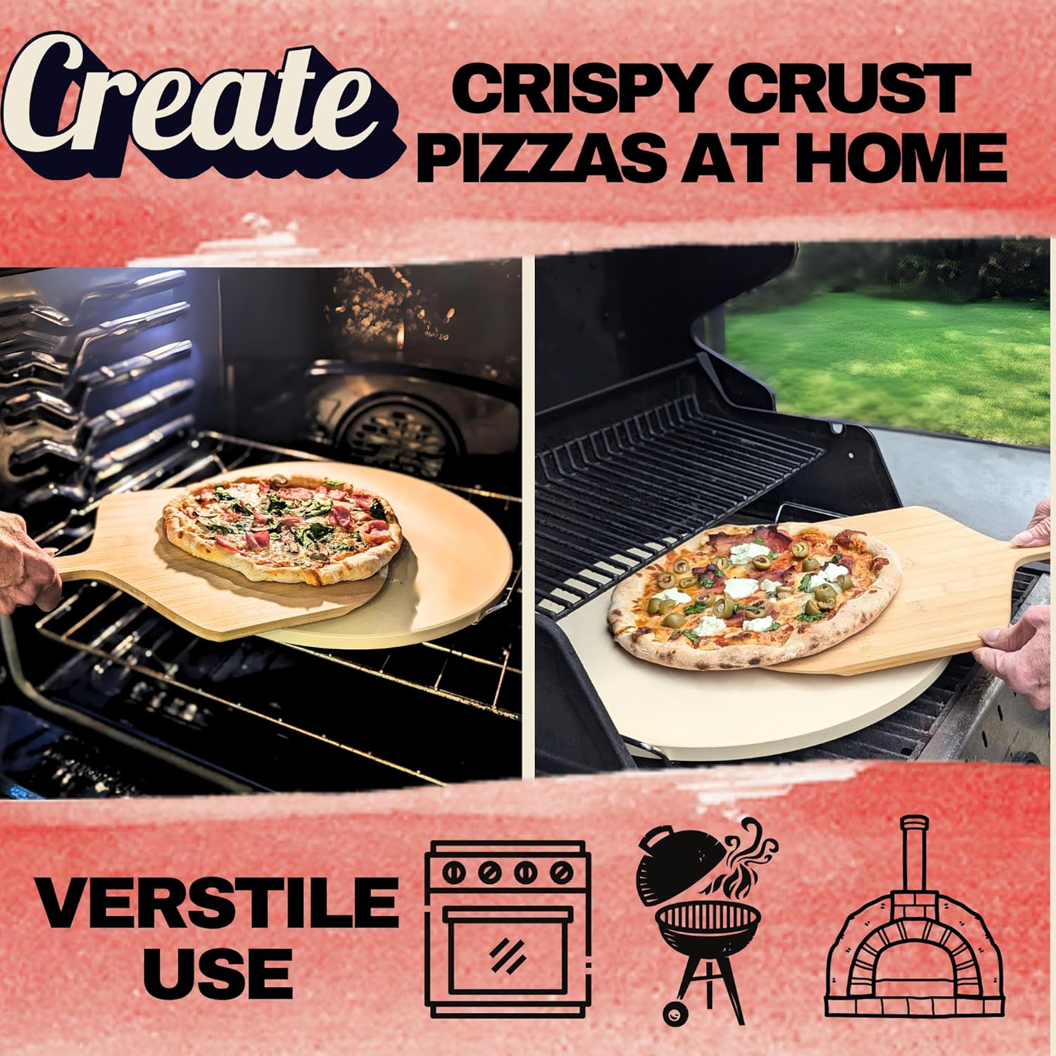 Large Pizza Stone for Oven 16 inch - Round Pizza Stone for Grill with Handles, Wood Pizza Peel and Cutter Set - Baking Stone for Bread - Pizza Making Kit Accessories - Gifts for Food Lovers - Culinary Roots