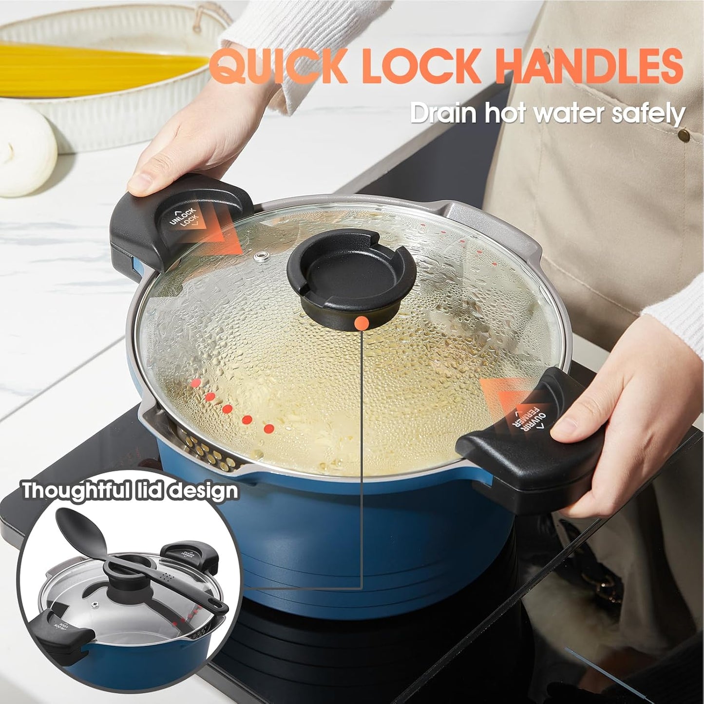 ACTIV CUISINE 5qt Pasta Pot with Strainer Lid, Cast Aluminum Stockpot Multipot, Nonstick Ceramic Coating make Cleanup easy with Tempered Glass Lid, Dishwasher Safe, Induction, Blue - Culinary Roots