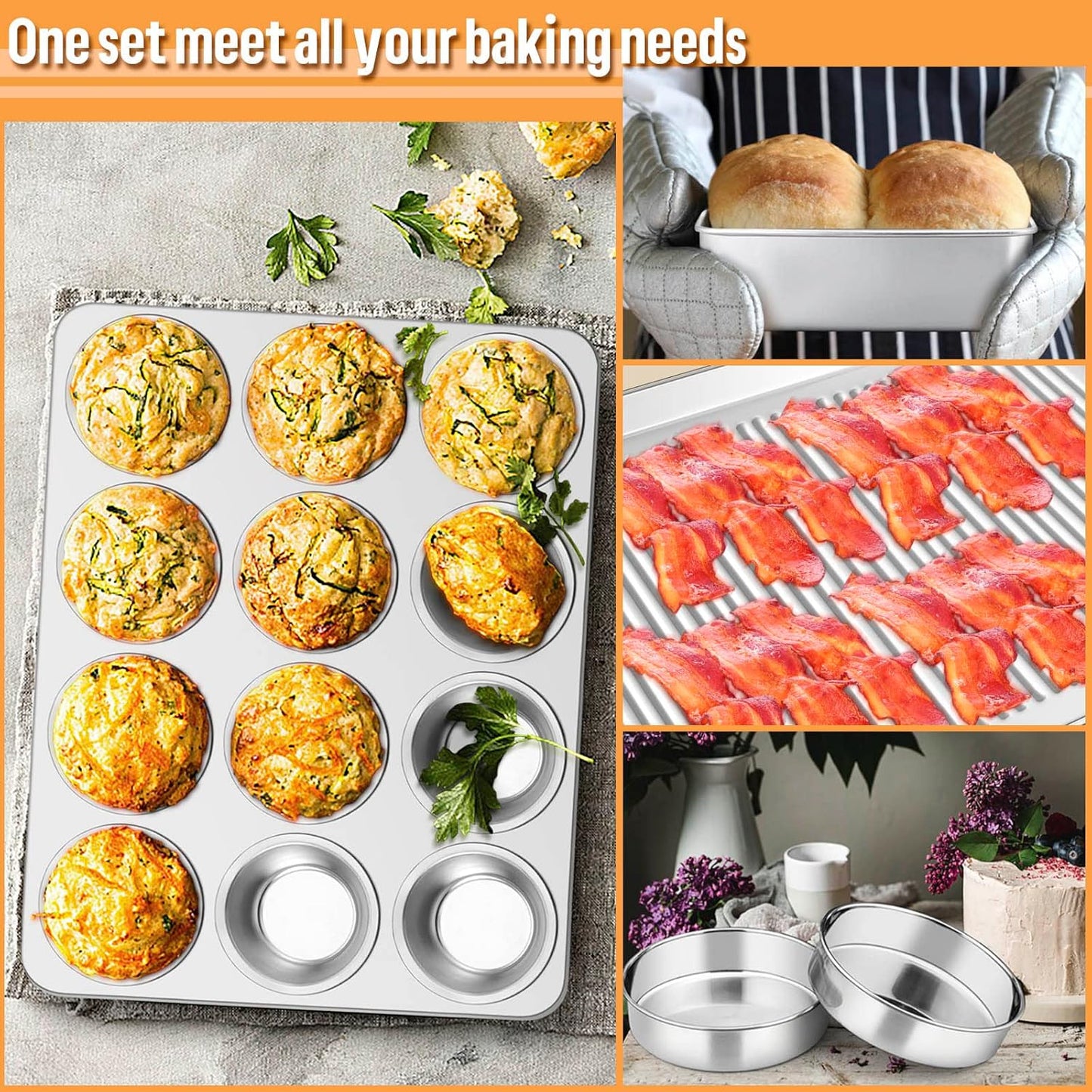 E-far 6-Piece Baking Pans set, Stainless Steel Bakeware Set for Oven, Include 8-Inch Cake Pan/Rectangle Baking Cookie Sheet/Muffin/Loaf Pan, Non-Toxic & Heavy Duty, Dishwasher Safe - Culinary Roots