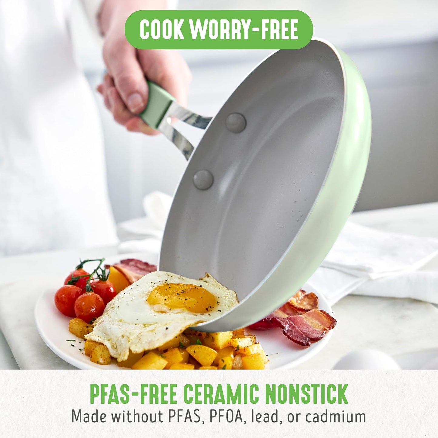 GreenLife 8” & 10” 2 Piece Nonstick Ceramic Frying Pan Set, Lightweight Healthy PFAS-Free Skillets, Dishwasher & Oven Safe, Durable Body, Silicone Stay-Cool Handles, Easy Release, Sage Green - Culinary Roots