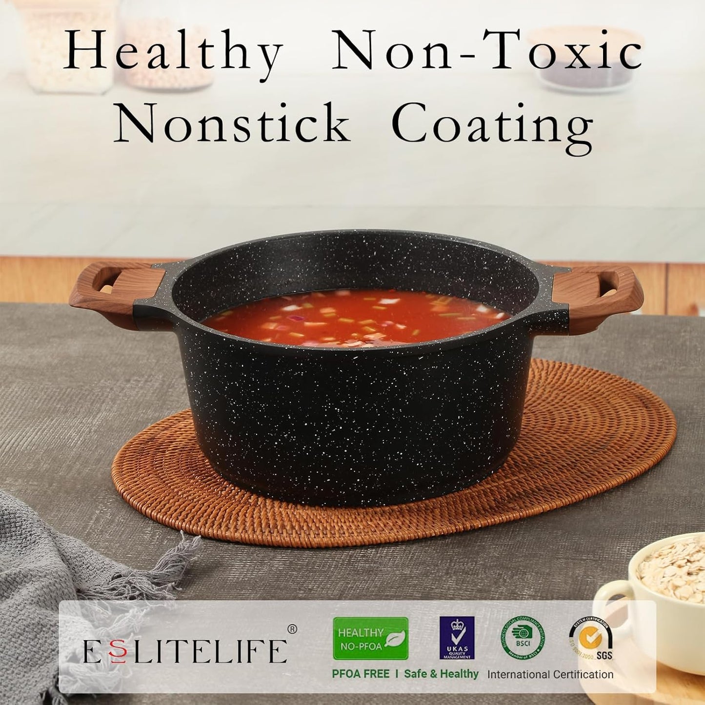 ESLITE LIFE Nonstick Stock Pot with Lid, 7 Quart Granite Casserole Large Soup Pot Pasta Cooking Pot, Induction Compatible, PTFE & PFOA Free, Black - Culinary Roots