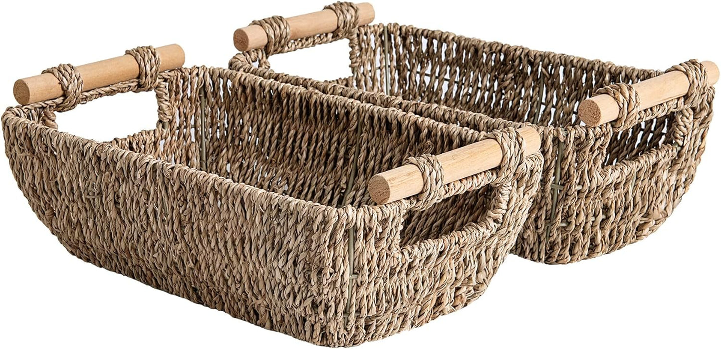 StorageWorks Small Baskets for Bathroom, Seagrass Woven Basket with Wooden Handles for Gifts, 2-Pack