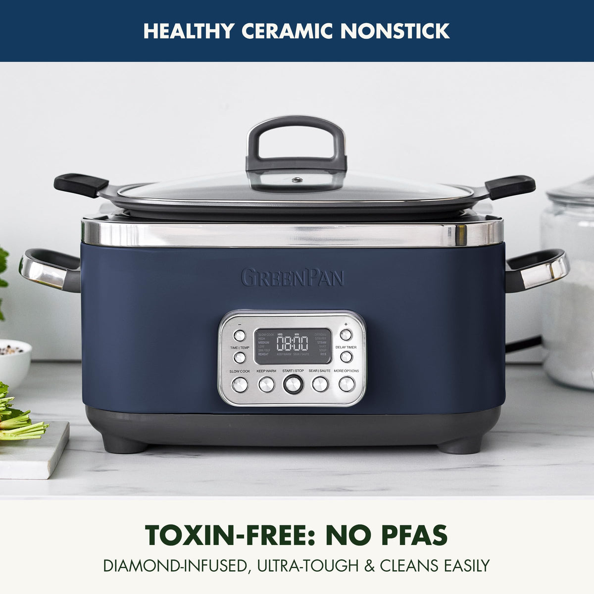 Elite 14-in-1 Nonstick 6QT Electric Slow Cooker, PFAS-Free Ceramic Multi-Cooker, In-Pot Browning, Dishwasher Safe Lid & Removable Crock, Stainless Steel Steamer, Silicone Handles, Oxford Blue