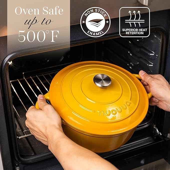 Nuovva Enamelled Cast Iron Dutch Oven Pot with Lid 6.4 Quart Non Stick Casserole Pot – Heavy Duty & Oven Safe up to 500° F for Bread Baking, Braising, Stews, Roasting – 28cm Yellow