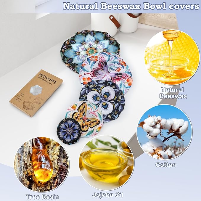 5-Size Reusable Beeswax Bowl Covers for Bread Proofing, Cotton Cloth Flexible Beeswax Wraps for Food Storage