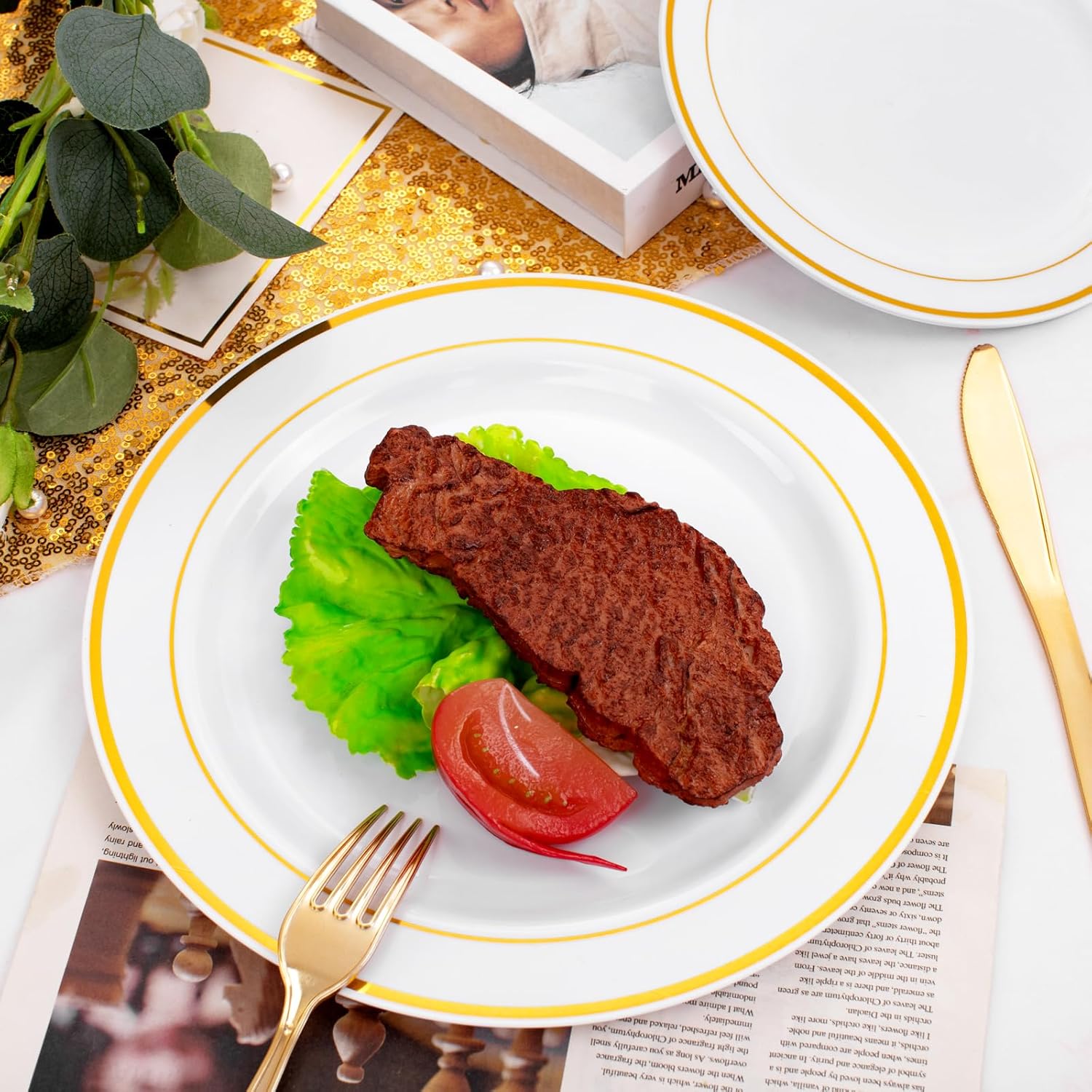 FLOWERCAT 60PCS Gold Plastic Plates - Heavy Duty White and Gold Plastic Plates Disposable for New Year/Thanksgiving Party/Wedding - Include 30PCS 10.25" Dinner Plates and 30PCS 7.5" Dessert Plates - Culinary Roots