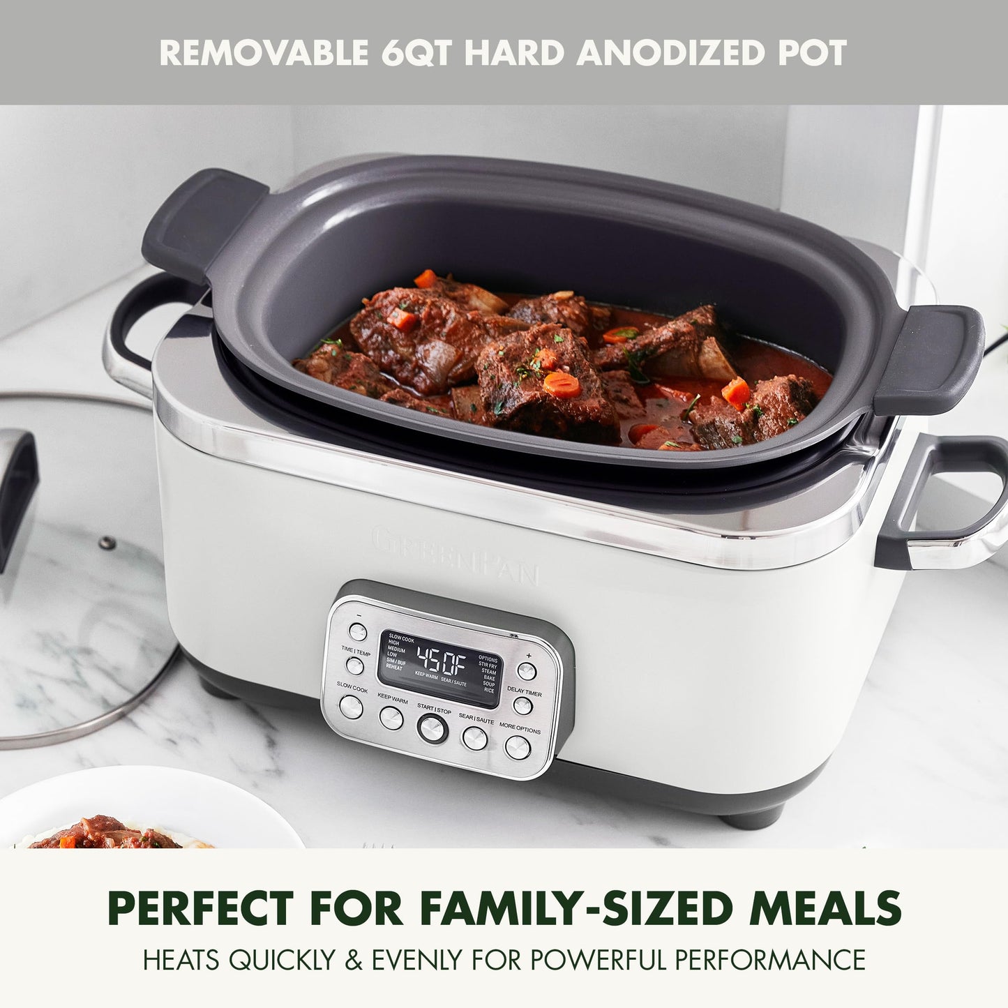 Elite 14-in-1 Nonstick 6QT Electric Slow Cooker, PFAS-Free Ceramic Multi-Cooker, In-Pot Browning, Dishwasher Safe Lid & Removable Crock, Stainless Steel Steamer, Silicone Handles, White